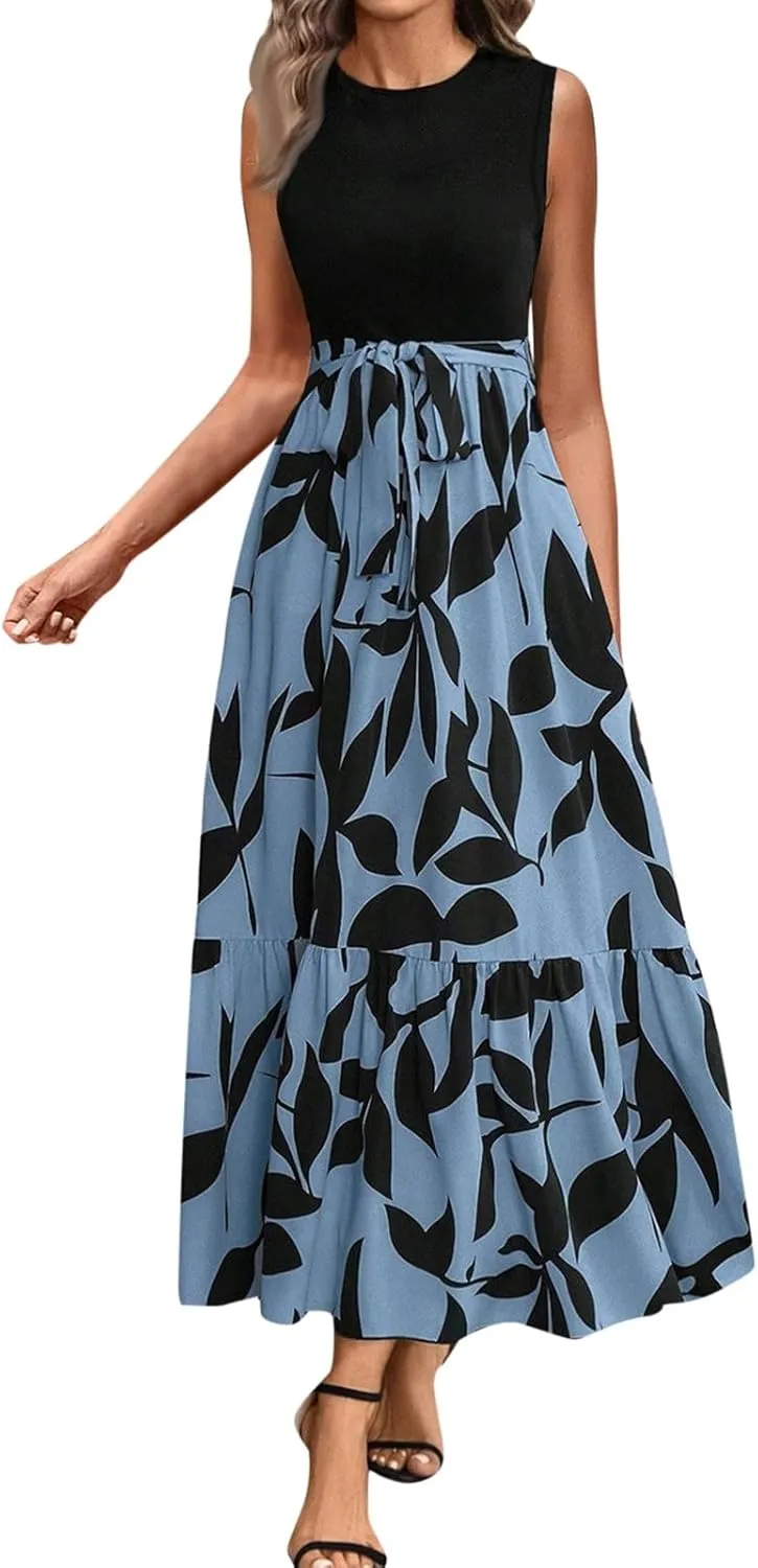 Women's Summer Sleeveless Maxi Dress 2025 Casual Crewneck Pleated Flowy Long Dress High Waisted Belted Ruffle Sundress