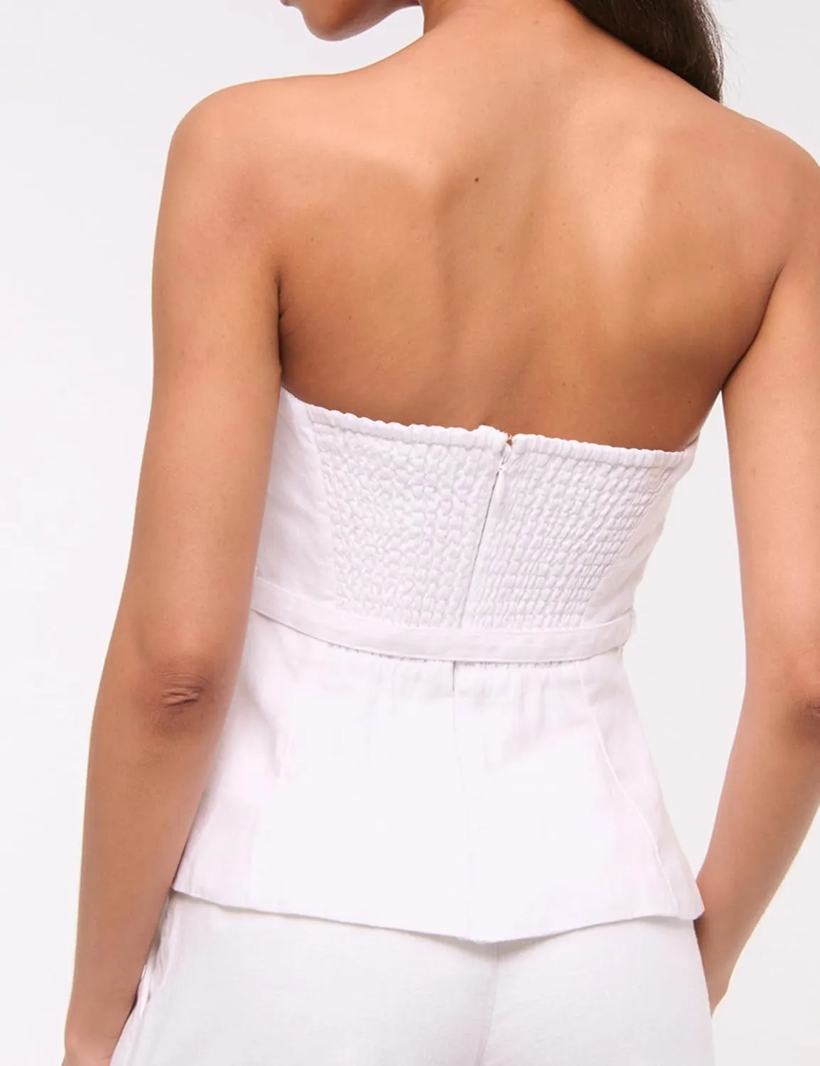 Women's Summer Strapless Linen Tube Tops Backless Zipper Ruffle Flared Hem Belted Peplum Bandeau Tops Beach Vacation