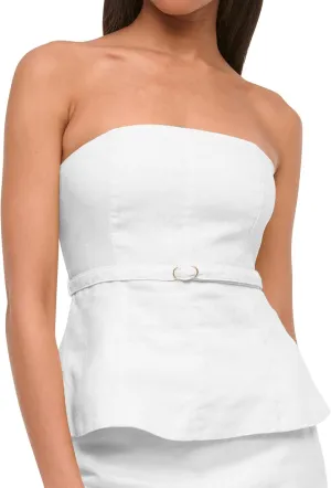 Women's Summer Strapless Linen Tube Tops Backless Zipper Ruffle Flared Hem Belted Peplum Bandeau Tops Beach Vacation