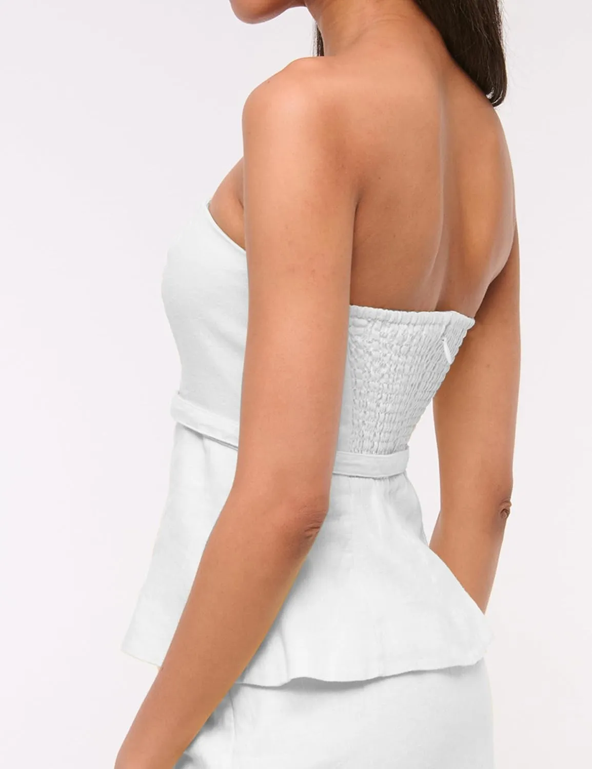 Women's Summer Strapless Linen Tube Tops Backless Zipper Ruffle Flared Hem Belted Peplum Bandeau Tops Beach Vacation