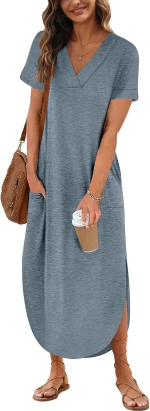 Womens Summer T Shirt Dress Casual V Neck Maxi Dresses Split Maxi Beach Sundress Short Sleeve Boho Dress Travel Outfit