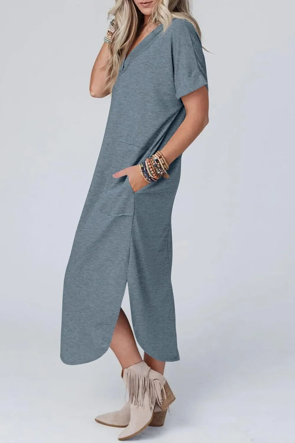 Womens Summer T Shirt Dress Casual V Neck Maxi Dresses Split Maxi Beach Sundress Short Sleeve Boho Dress Travel Outfit
