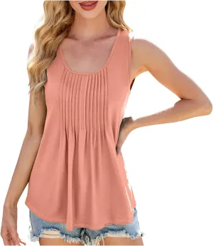 Women's Summer Tank Tops Casual Sleeveless Crew Neck Pleated Flowy Tee Shirts Summer Loose Fit Boho Tunic Blouse