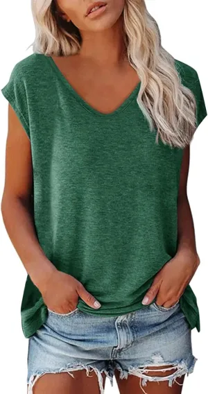 Women's Summer Tops 2025 Trendy Plus Size Cap Sleeve T Shirts Loose Fit Tank Top V Neck Solid Casual Tunic Blouse