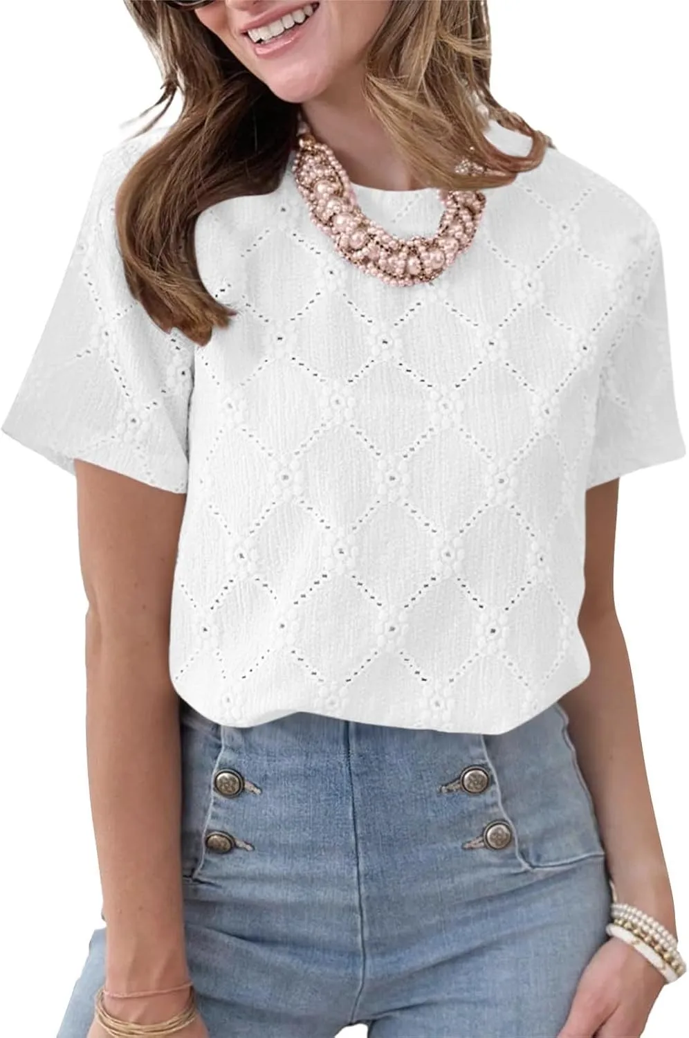Women's Summer Tops Casual Crew Neck Short Sleeve Eyelet Embroidered Hollow Out Blouses Loose Fit Shirts