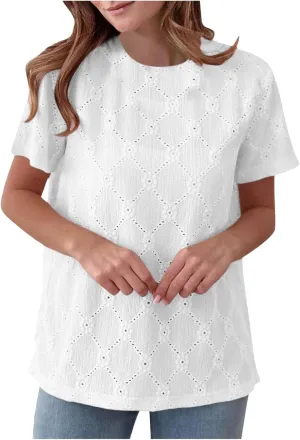 Women's Summer Tops Casual Crew Neck Short Sleeve Eyelet Embroidered Hollow Out Blouses Loose Fit Shirts