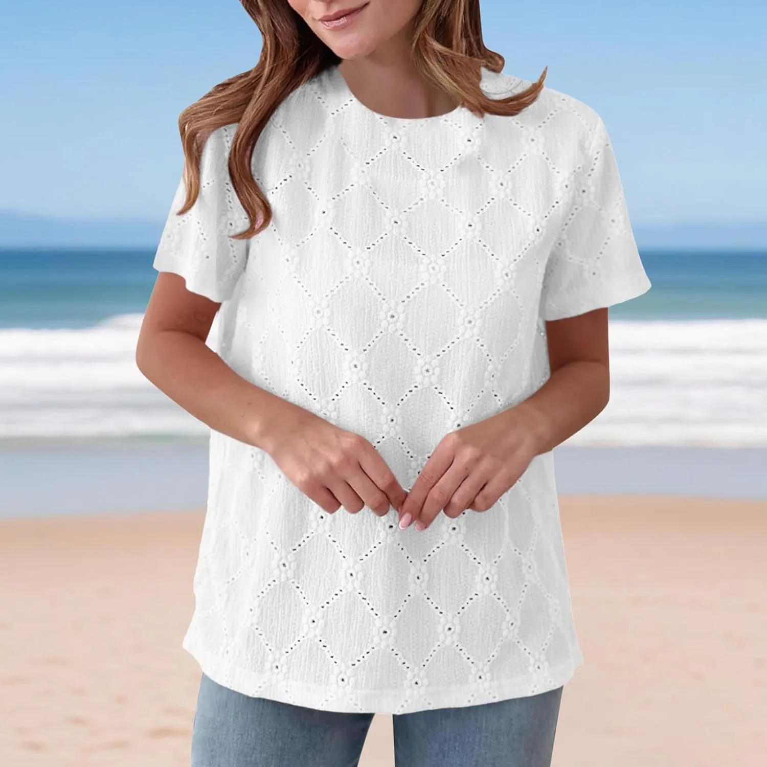 Women's Summer Tops Casual Crew Neck Short Sleeve Eyelet Embroidered Hollow Out Blouses Loose Fit Shirts