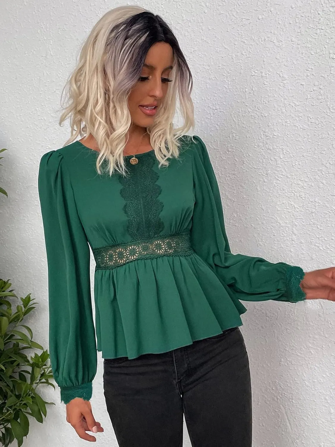 Womens Summer Tops Guipure Lace Insert Peplum Blouse (Color : Green, Size : X-Small)