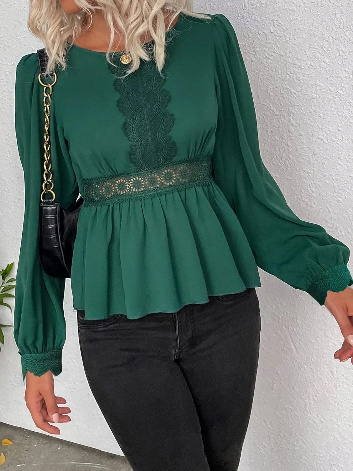 Womens Summer Tops Guipure Lace Insert Peplum Blouse (Color : Green, Size : X-Small)