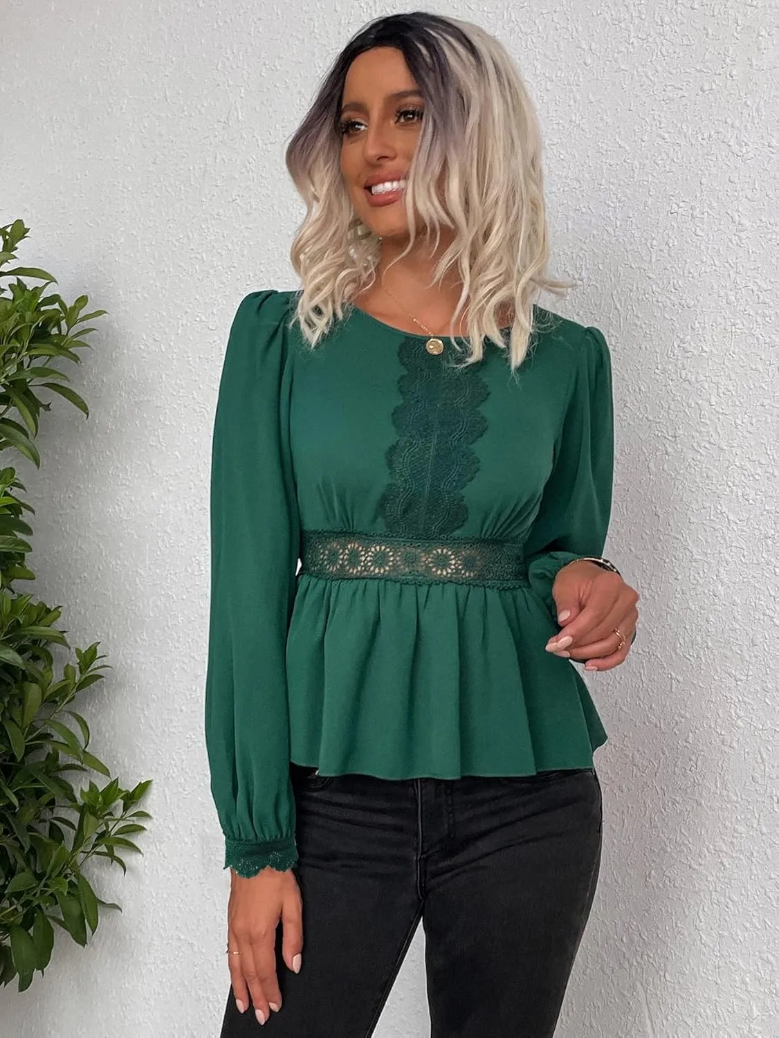 Womens Summer Tops Guipure Lace Insert Peplum Blouse (Color : Green, Size : X-Small)