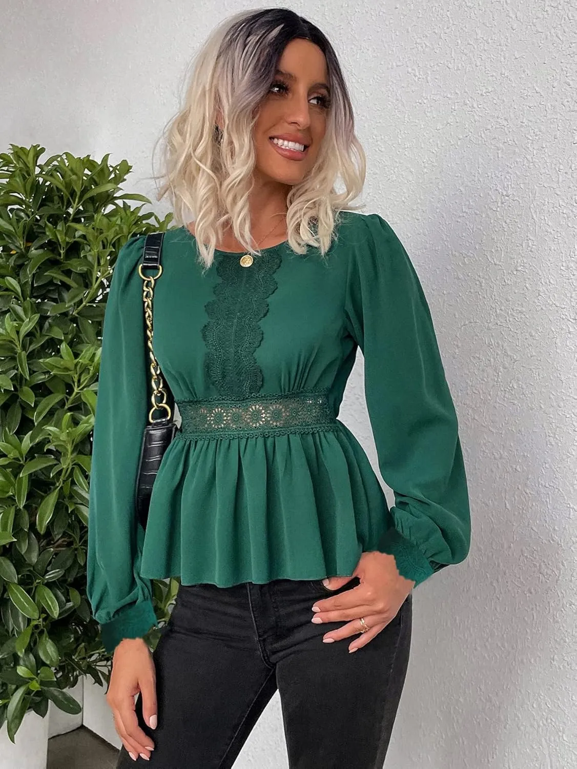 Womens Summer Tops Guipure Lace Insert Peplum Blouse (Color : Green, Size : X-Small)