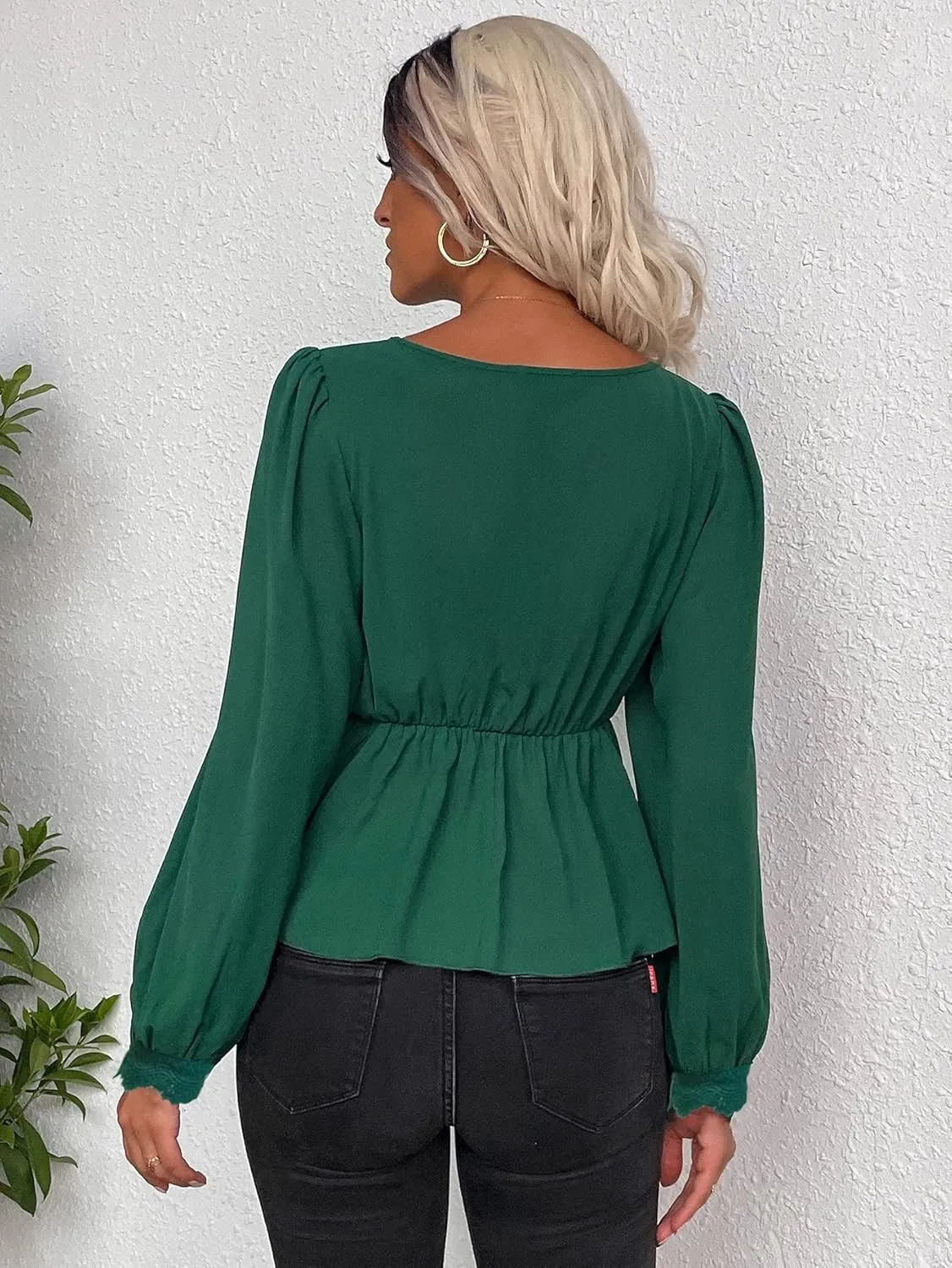 Womens Summer Tops Guipure Lace Insert Peplum Blouse (Color : Green, Size : X-Small)