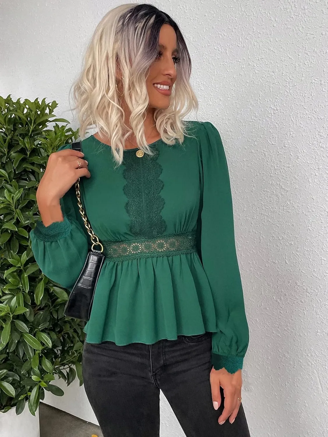 Womens Summer Tops Guipure Lace Insert Peplum Blouse (Color : Green, Size : X-Small)