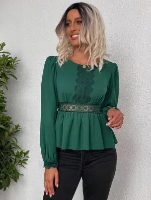 Womens Summer Tops Guipure Lace Insert Peplum Blouse (Color : Green, Size : X-Small)