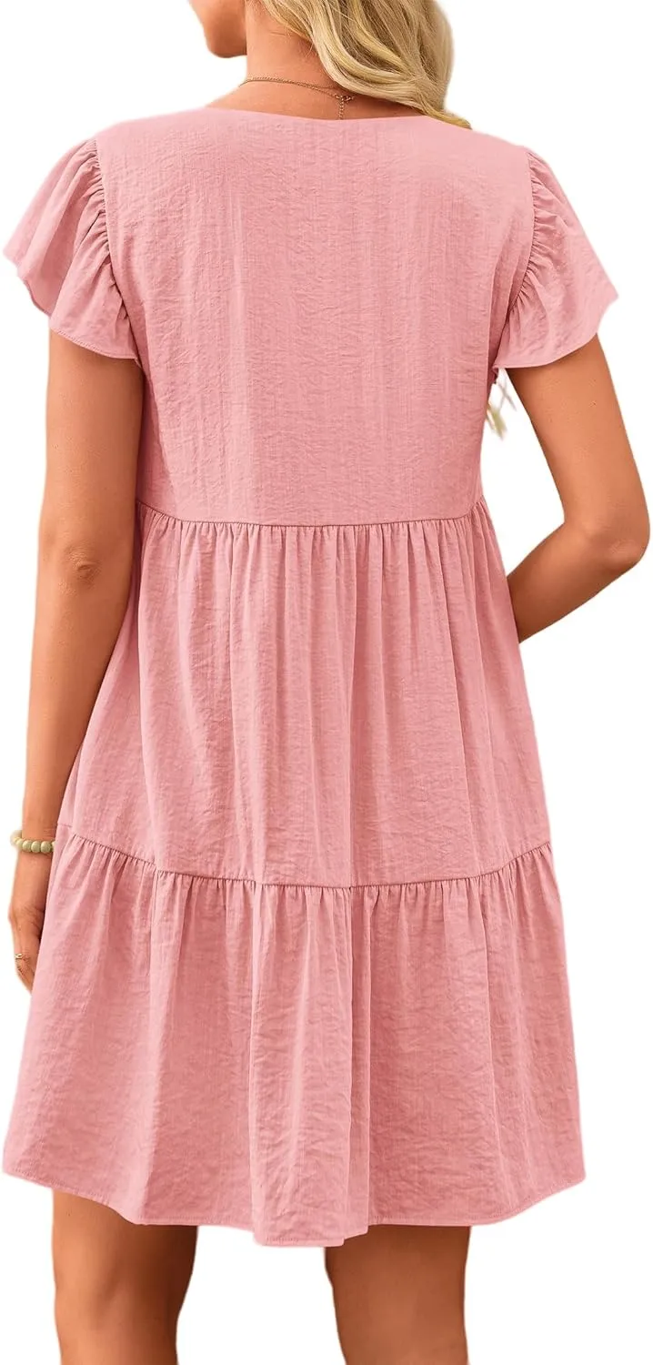 Womens Summer Tunic Dress V Neck Cap Sleeve Casual Flowy Swing Shift Dresses Loose Ruffle Mini Dress for Women 2025