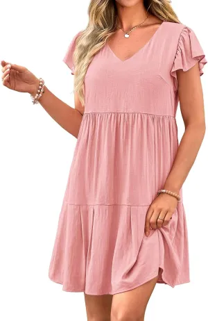 Womens Summer Tunic Dress V Neck Cap Sleeve Casual Flowy Swing Shift Dresses Loose Ruffle Mini Dress for Women 2025