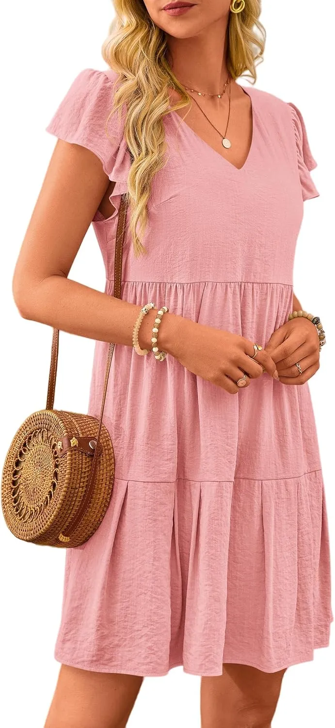 Womens Summer Tunic Dress V Neck Cap Sleeve Casual Flowy Swing Shift Dresses Loose Ruffle Mini Dress for Women 2025