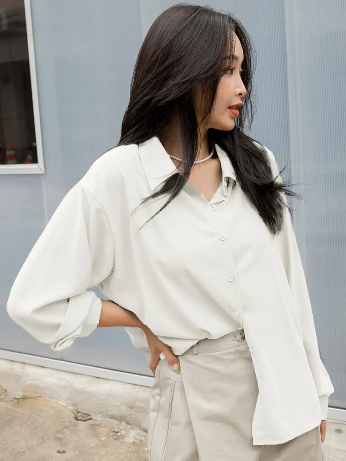 Womens Summer Work Blouse Drop Shoulder Button Front Shirt Long Sleeve Tops Tops