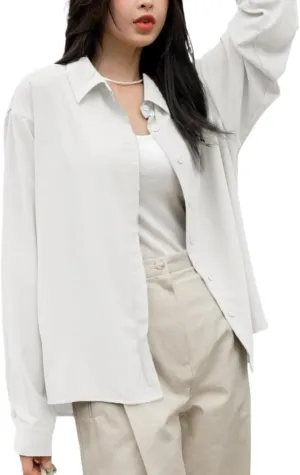 Womens Summer Work Blouse Drop Shoulder Button Front Shirt Long Sleeve Tops Tops