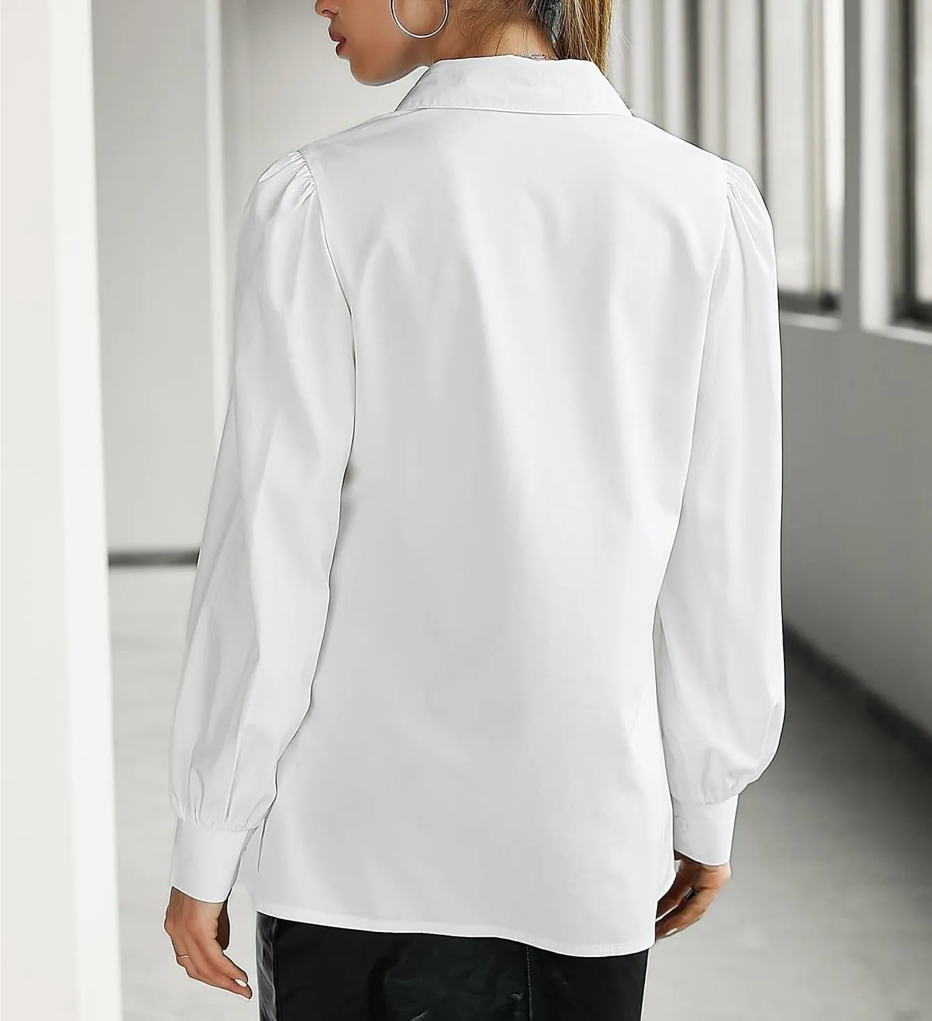 Womens Summer Work Blouse Solid Puff Sleeve Button Front Shirt Long Sleeve Tops Tops