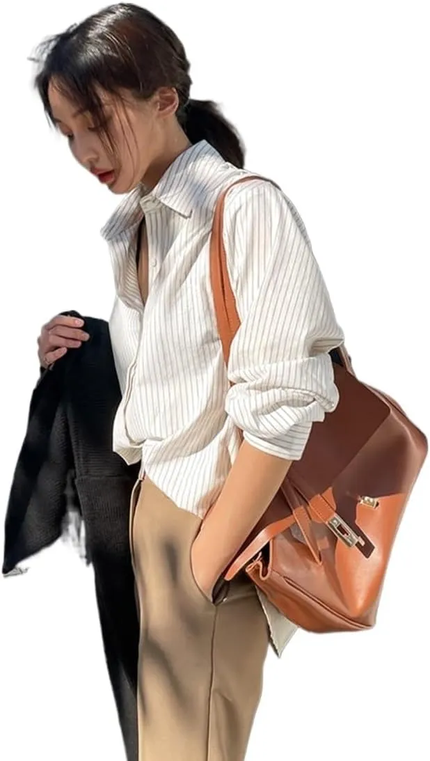 Womens Summer Work Blouse Stripe Button Front Shirt Long Sleeve Tops Tops
