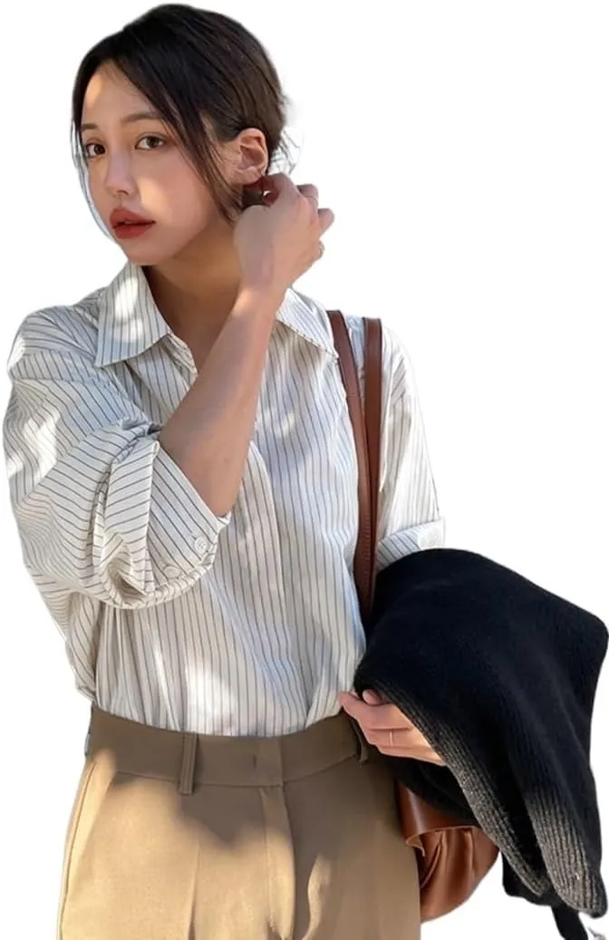 Womens Summer Work Blouse Stripe Button Front Shirt Long Sleeve Tops Tops