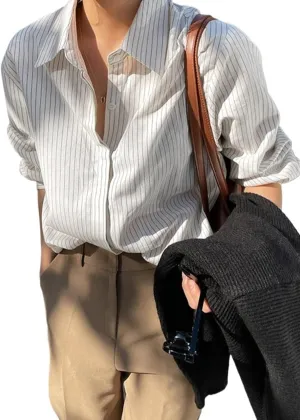 Womens Summer Work Blouse Stripe Button Front Shirt Long Sleeve Tops Tops