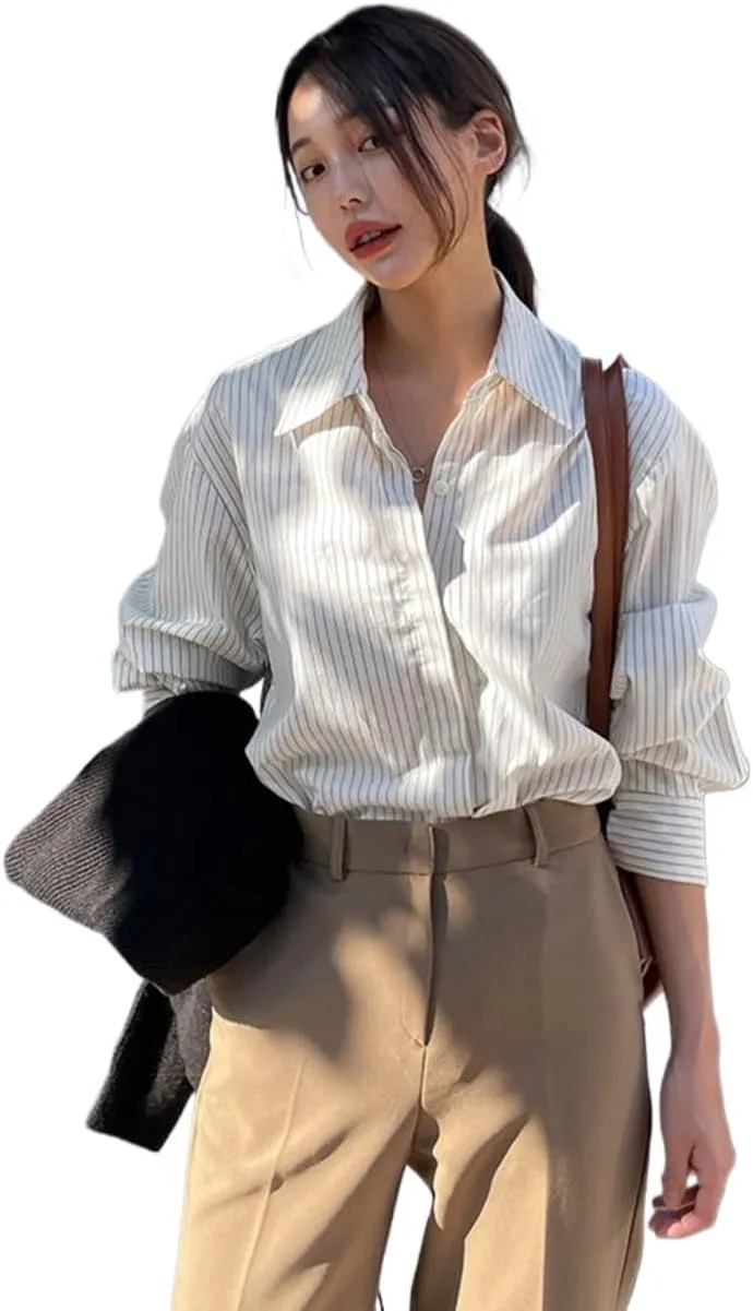 Womens Summer Work Blouse Stripe Button Front Shirt Long Sleeve Tops Tops