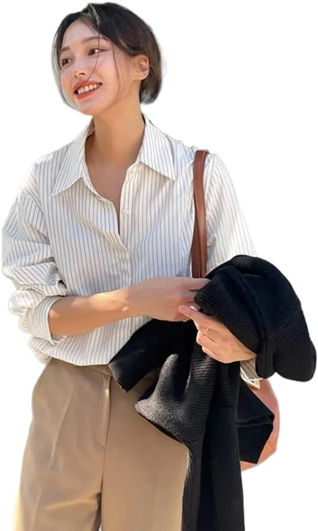 Womens Summer Work Blouse Stripe Button Front Shirt Long Sleeve Tops Tops