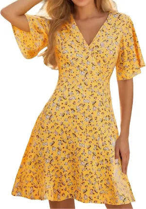 Womens Sundress Summer Casual Floral Short Sleeve Wrap V Neck A-Line Midi Dress Vacation Beach Dresses