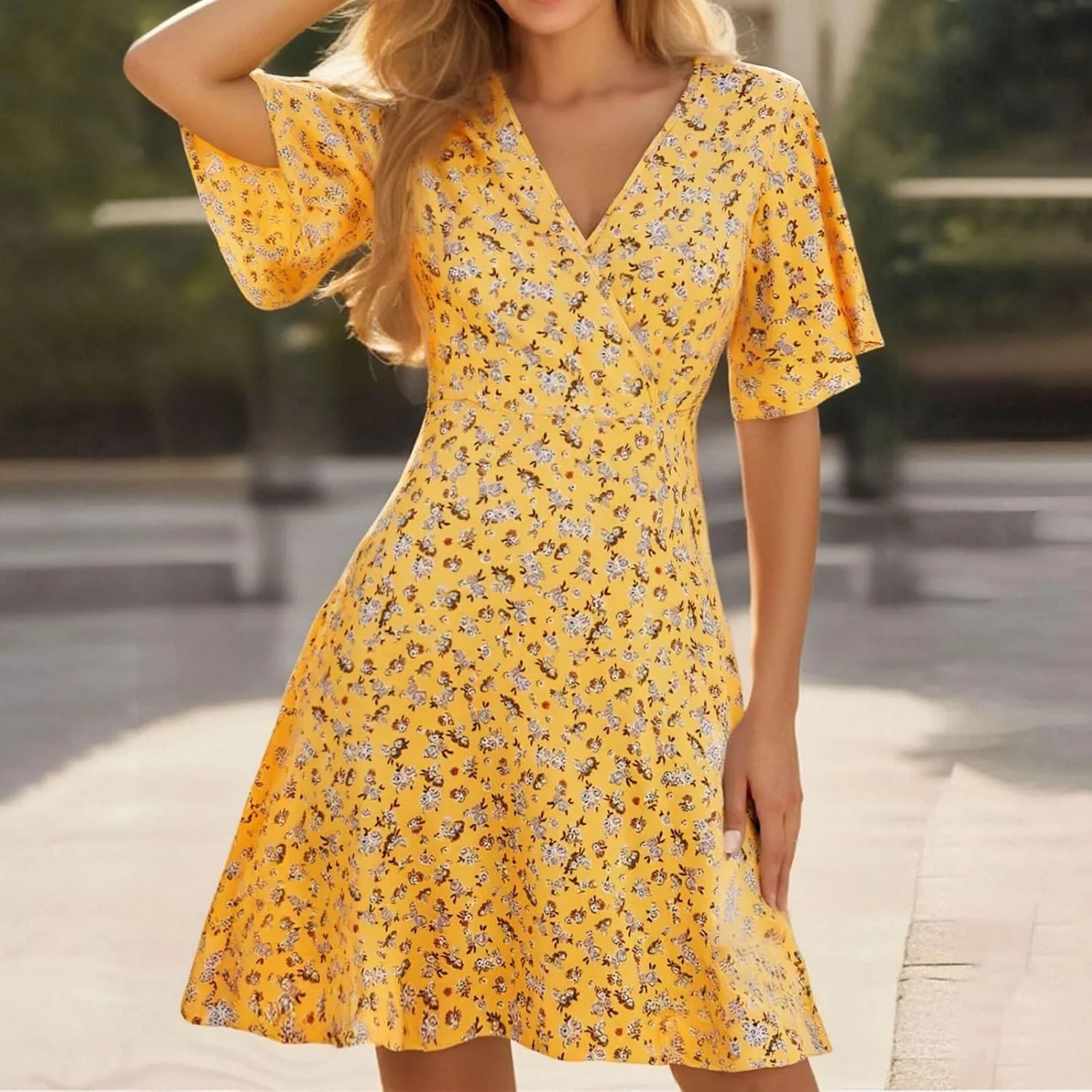 Womens Sundress Summer Casual Floral Short Sleeve Wrap V Neck A-Line Midi Dress Vacation Beach Dresses