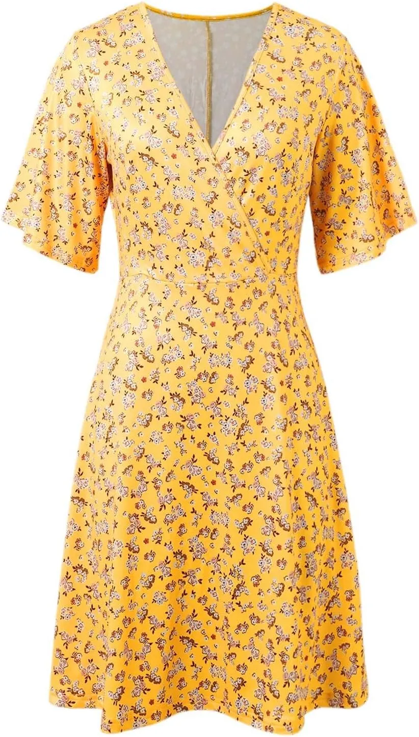 Womens Sundress Summer Casual Floral Short Sleeve Wrap V Neck A-Line Midi Dress Vacation Beach Dresses