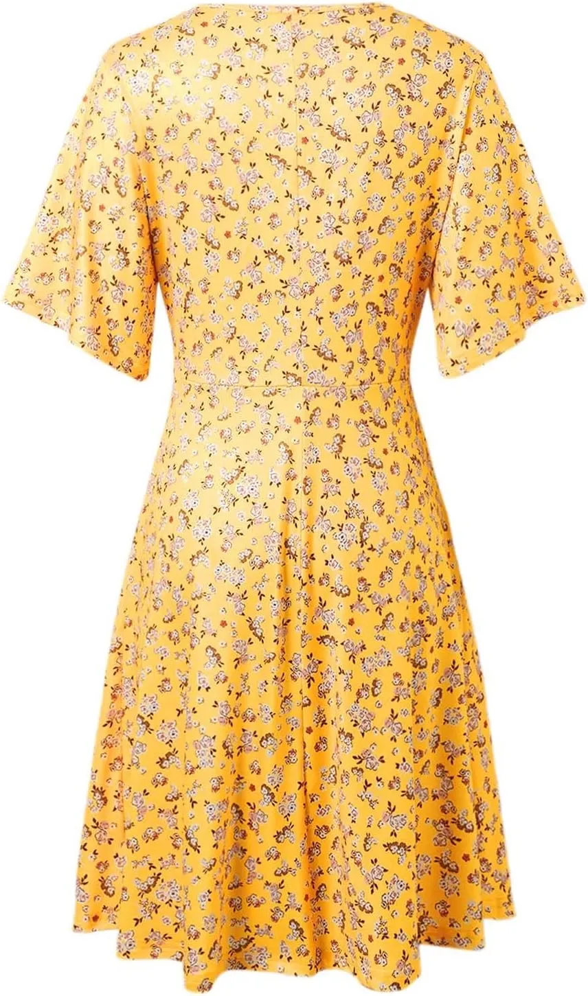 Womens Sundress Summer Casual Floral Short Sleeve Wrap V Neck A-Line Midi Dress Vacation Beach Dresses