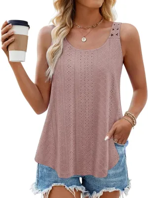 Womens Tank Tops Loose Fit Summer Eyelet Tank Tops Loose Trendy Scoop Neck Sleeveless Flowy Beach Vacation Shirts