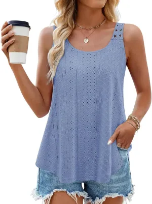 Womens Tank Tops Loose Fit Summer Eyelet Tank Tops Loose Trendy Scoop Neck Sleeveless Flowy Beach Vacation Shirts