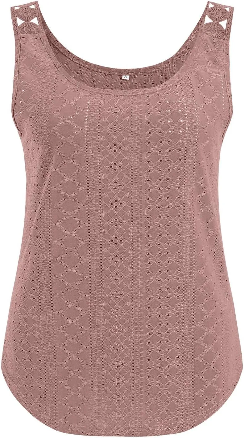 Womens Tank Tops Loose Fit Summer Eyelet Tank Tops Loose Trendy Scoop Neck Sleeveless Flowy Beach Vacation Shirts