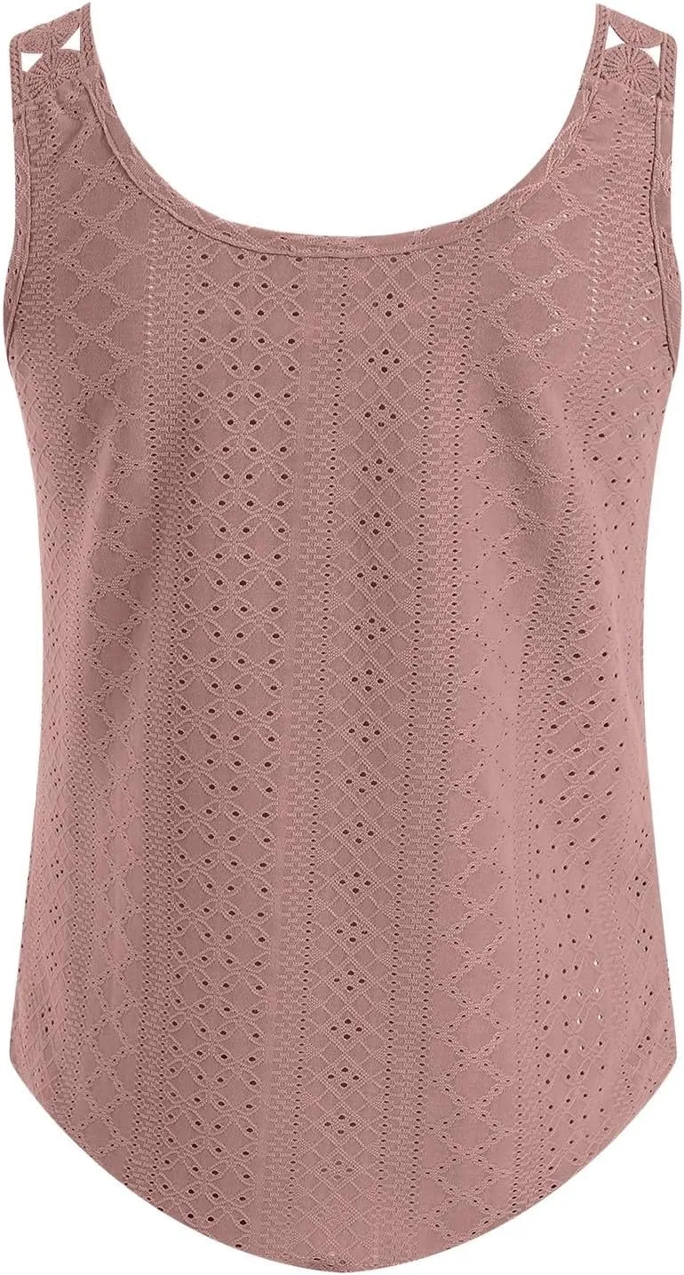 Womens Tank Tops Loose Fit Summer Eyelet Tank Tops Loose Trendy Scoop Neck Sleeveless Flowy Beach Vacation Shirts