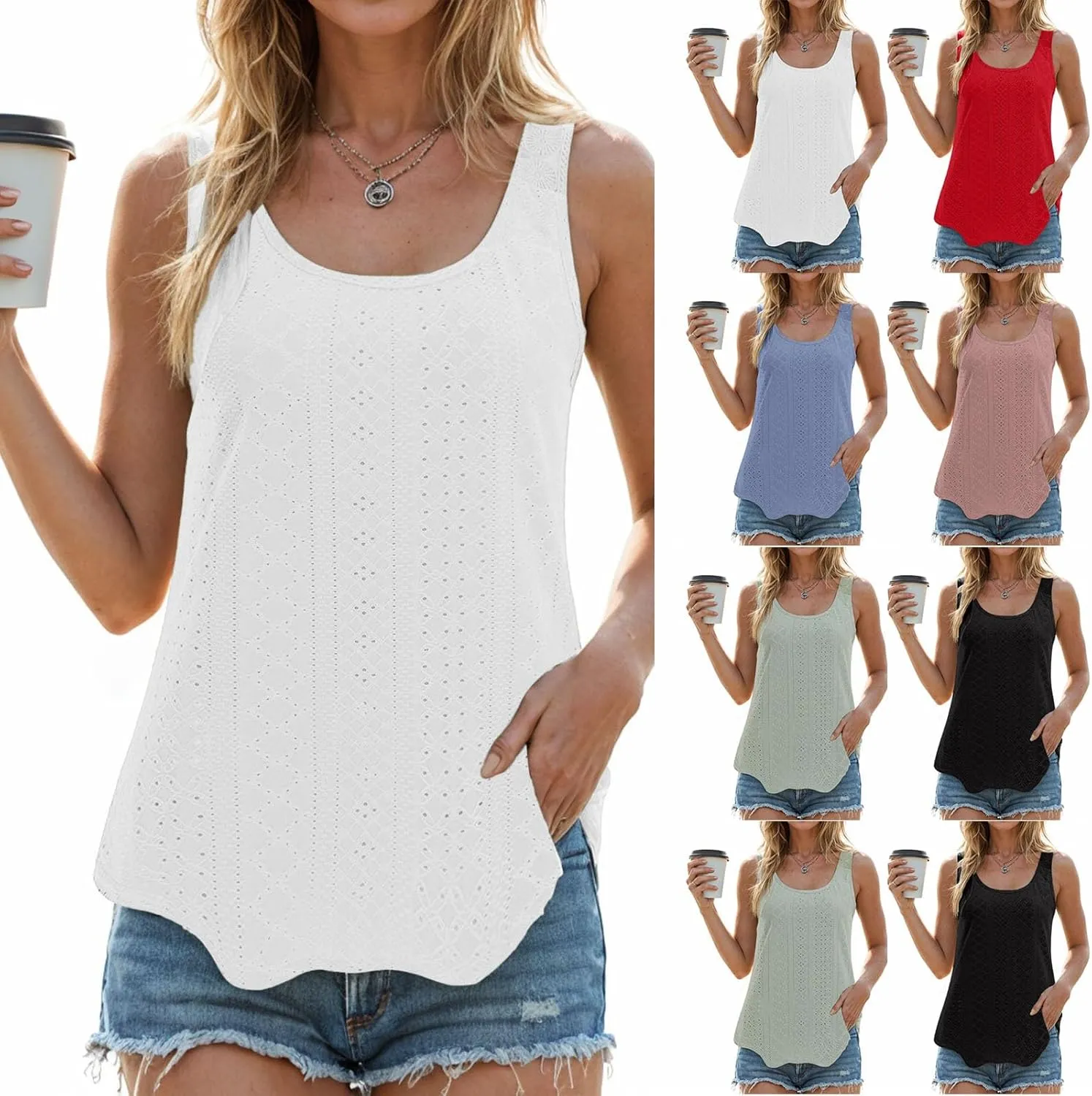 Womens Tank Tops Loose Fit Summer Eyelet Tank Tops Loose Trendy Scoop Neck Sleeveless Flowy Beach Vacation Shirts