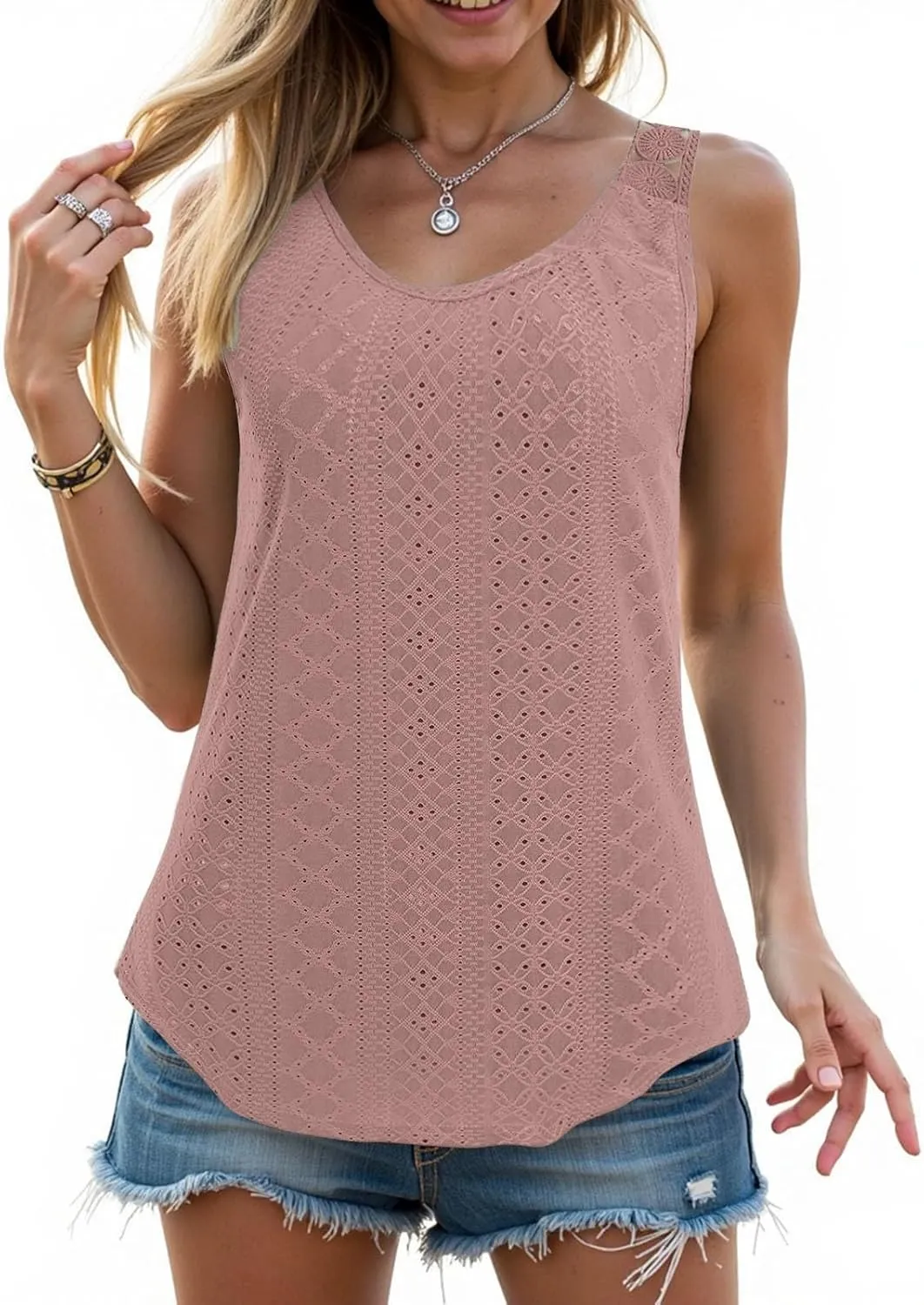 Womens Tank Tops Loose Fit Summer Eyelet Tank Tops Loose Trendy Scoop Neck Sleeveless Flowy Beach Vacation Shirts