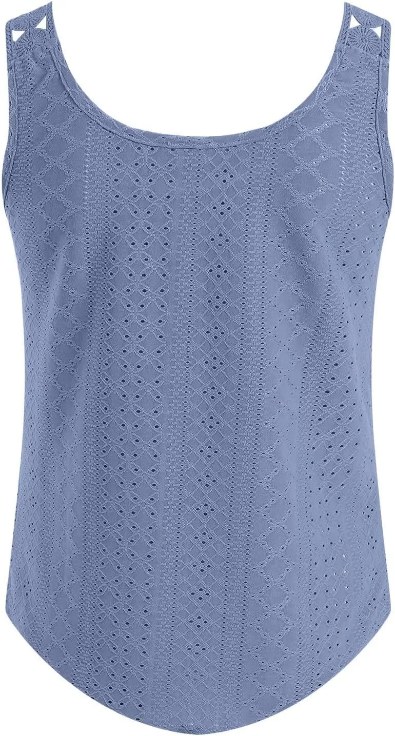 Womens Tank Tops Loose Fit Summer Eyelet Tank Tops Loose Trendy Scoop Neck Sleeveless Flowy Beach Vacation Shirts