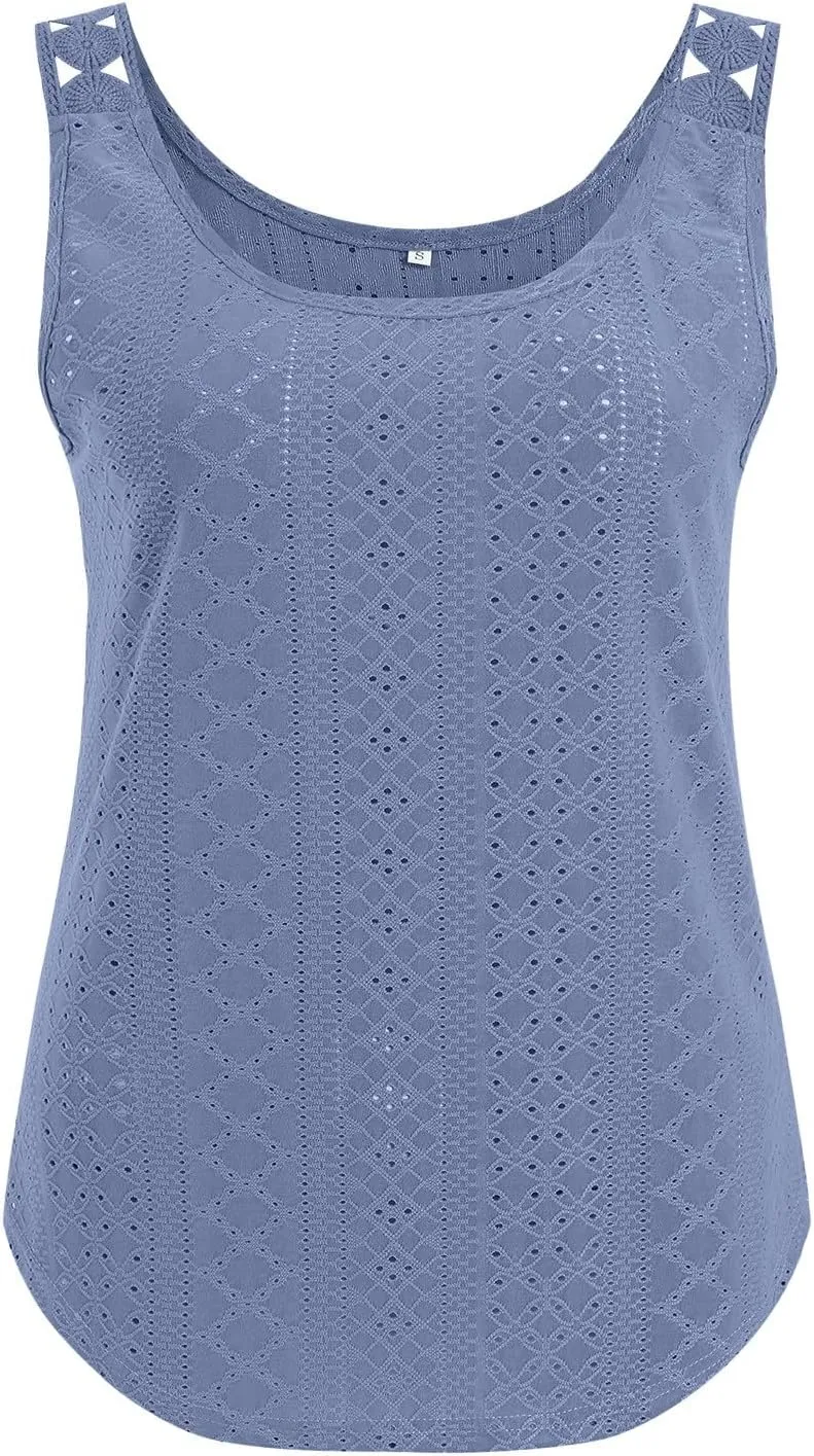 Womens Tank Tops Loose Fit Summer Eyelet Tank Tops Loose Trendy Scoop Neck Sleeveless Flowy Beach Vacation Shirts