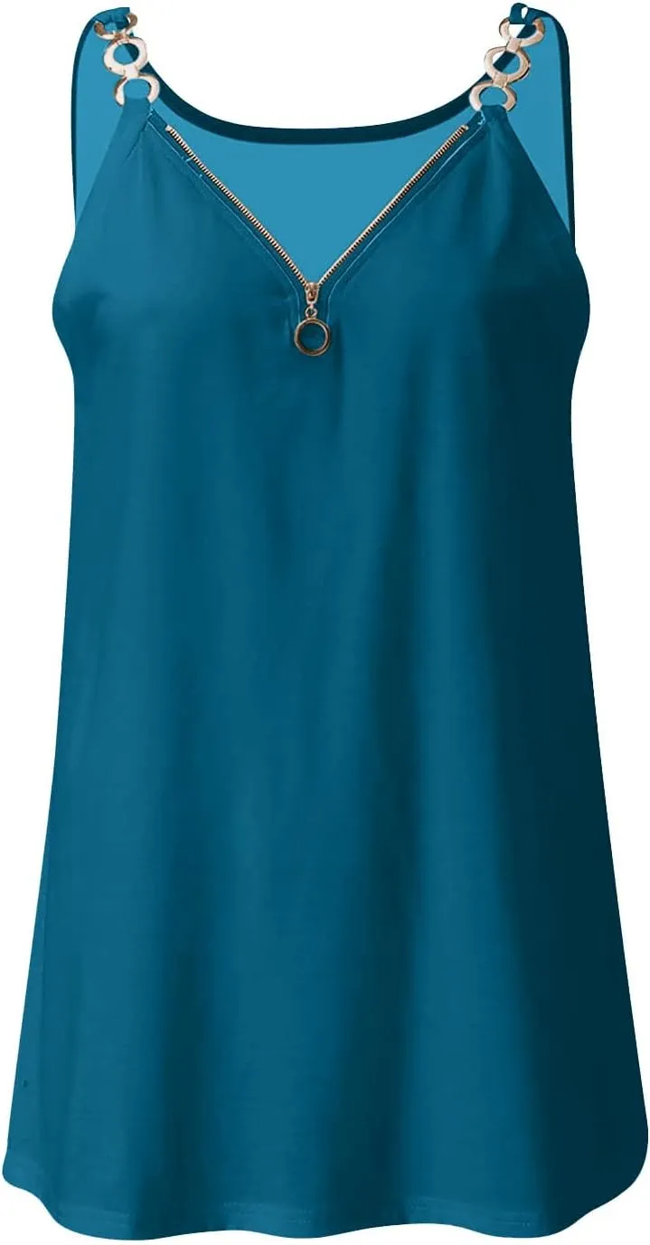 Women's Tank Tops Summer Fashion Half Zipper V Neck Sleeveless Blouses Casual Solid Loose Elegant Swing Beach Shirts