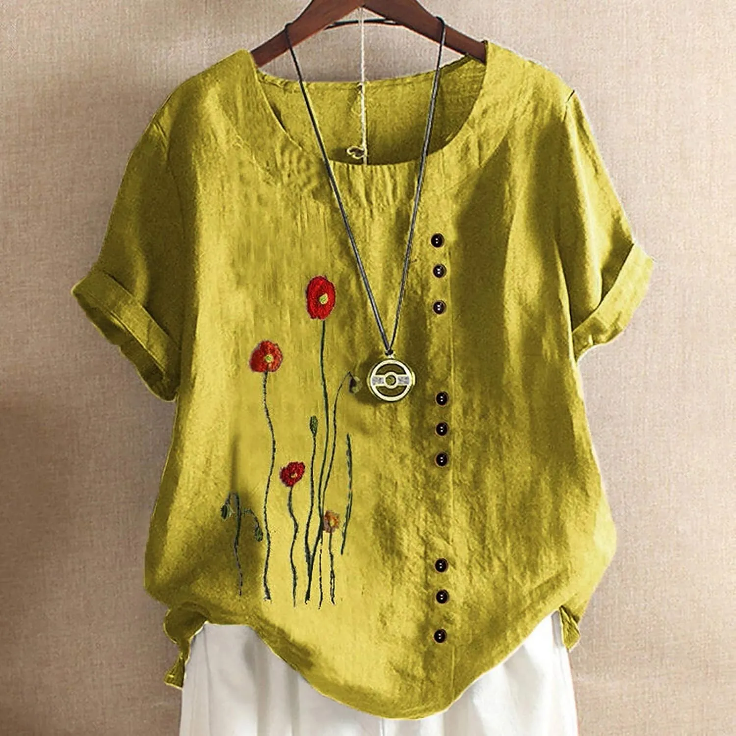 Womens Tops Short Sleeve Summer Henley Shirts Scoop Neck Ruched Button Blouses Dressy Casual Tunic Tops