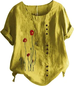 Womens Tops Short Sleeve Summer Henley Shirts Scoop Neck Ruched Button Blouses Dressy Casual Tunic Tops