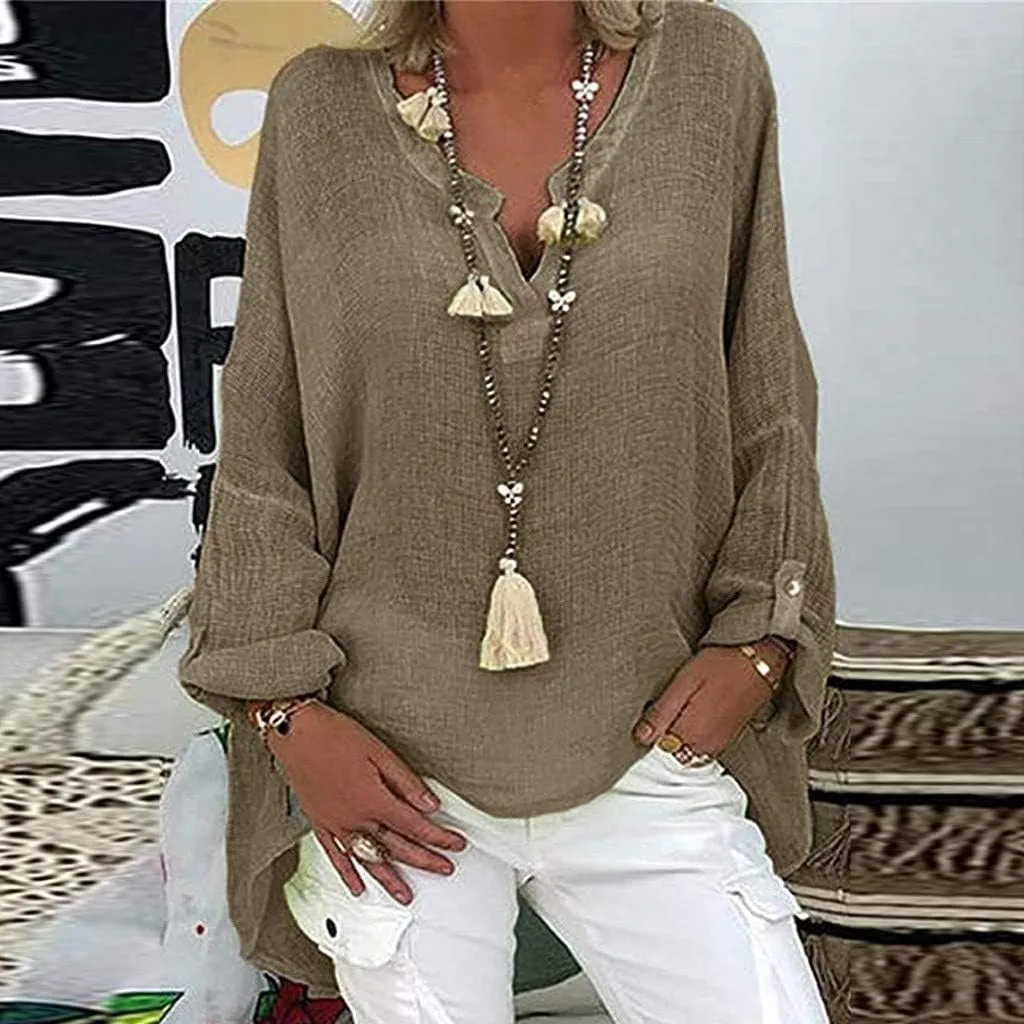 Women's Tunic Blouse Tops Fashion Plus Size Solid Cotton Linen Loose Casual Long Sleeve V-Neck Tees Shirts Pullover