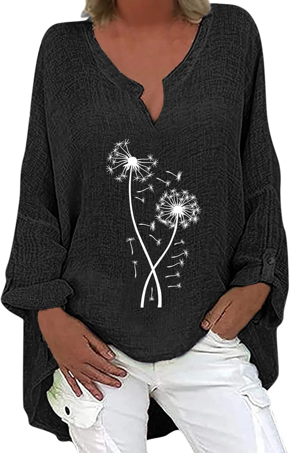 Women's Tunic Blouse Tops Fashion Plus Size Solid Cotton Linen Loose Casual Long Sleeve V-Neck Tees Shirts Pullover