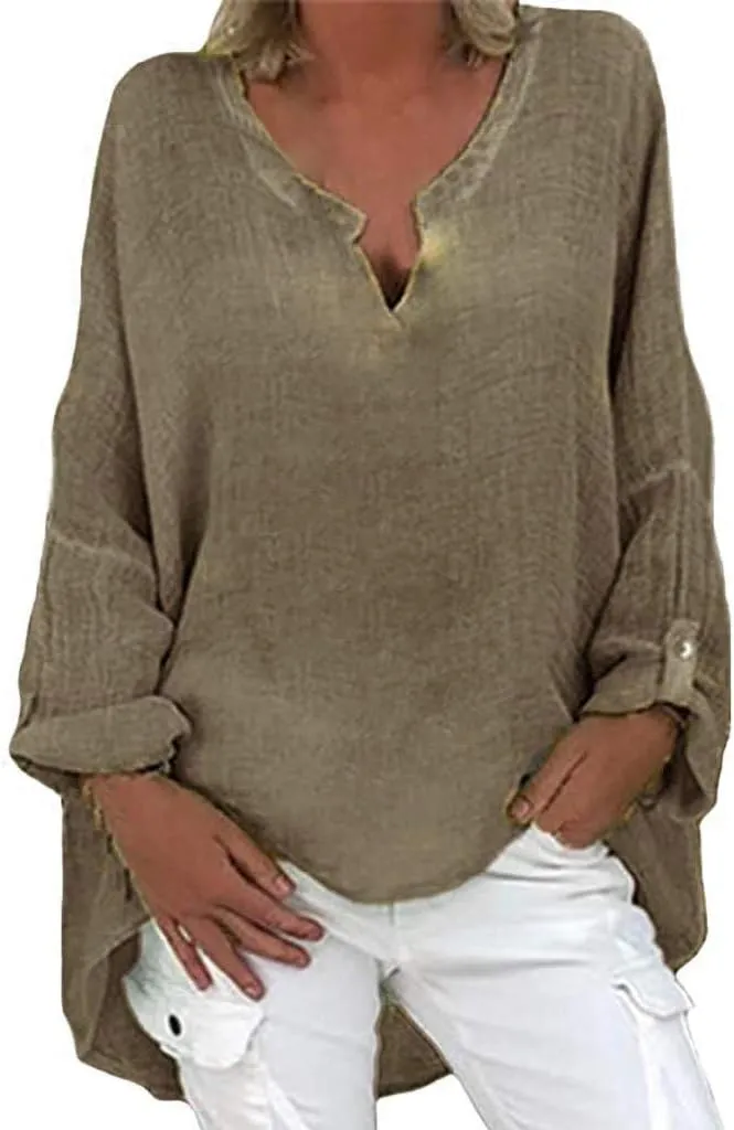 Women's Tunic Blouse Tops Fashion Plus Size Solid Cotton Linen Loose Casual Long Sleeve V-Neck Tees Shirts Pullover