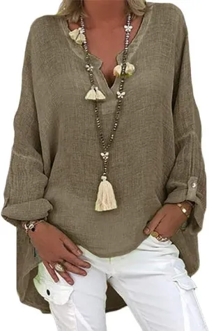 Women's Tunic Blouse Tops Fashion Plus Size Solid Cotton Linen Loose Casual Long Sleeve V-Neck Tees Shirts Pullover
