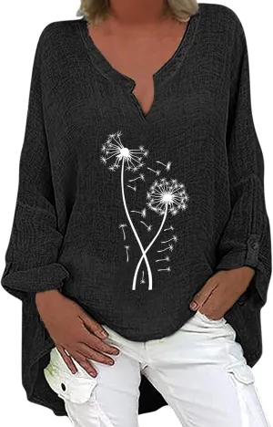 Women's Tunic Blouse Tops Fashion Plus Size Solid Cotton Linen Loose Casual Long Sleeve V-Neck Tees Shirts Pullover