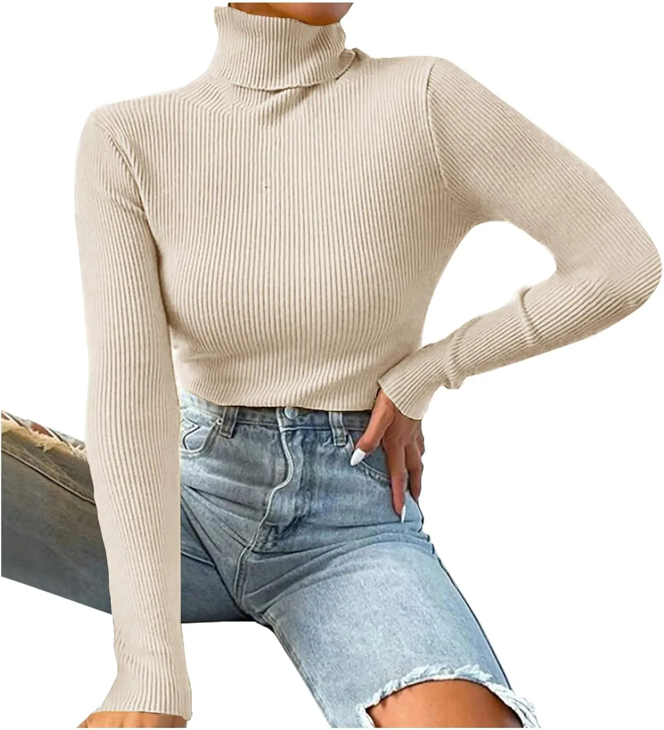 Womens Turtleneck Sweater Long Sleeve Ribbed Knit Sweater Fall Winter Fashion Tops 2024 Casual Trendy Tops Blouse